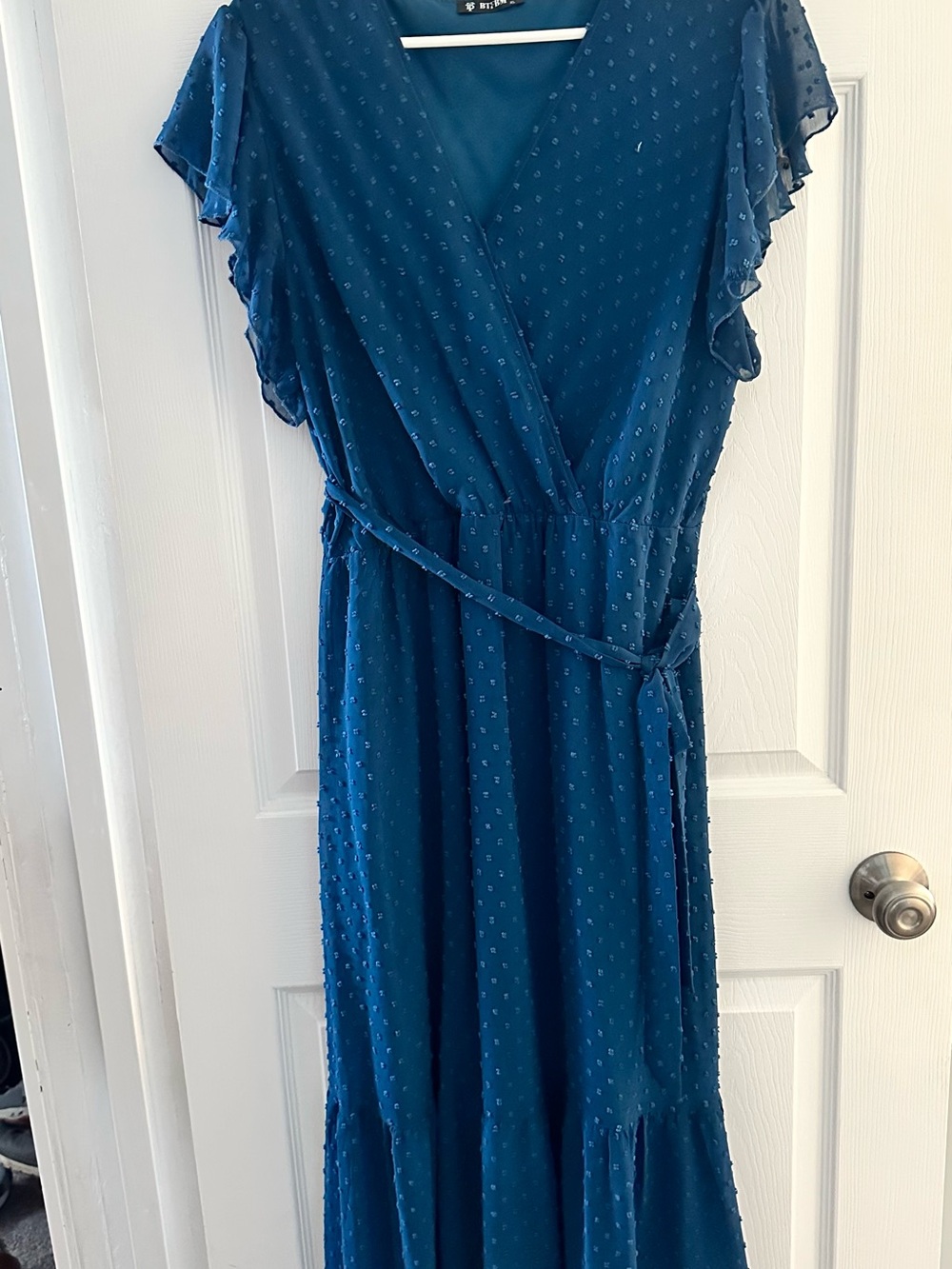 Elegant Teal Blue Flutter Sleeve Midi Dress